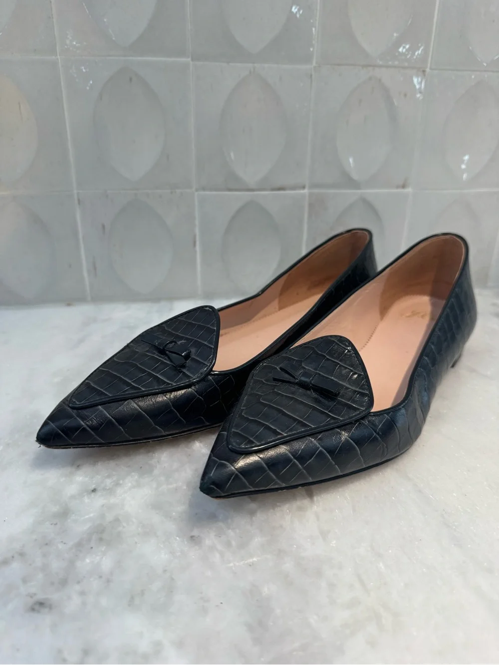 J. Crew Dark Green Croc-Embossed Pointed Flats